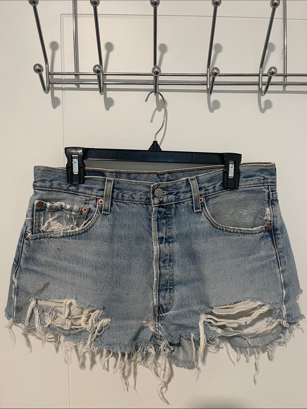 Vintage Levi’s Heavily Distressed Holes Blue Denim Cutoff Button Fly Shorts